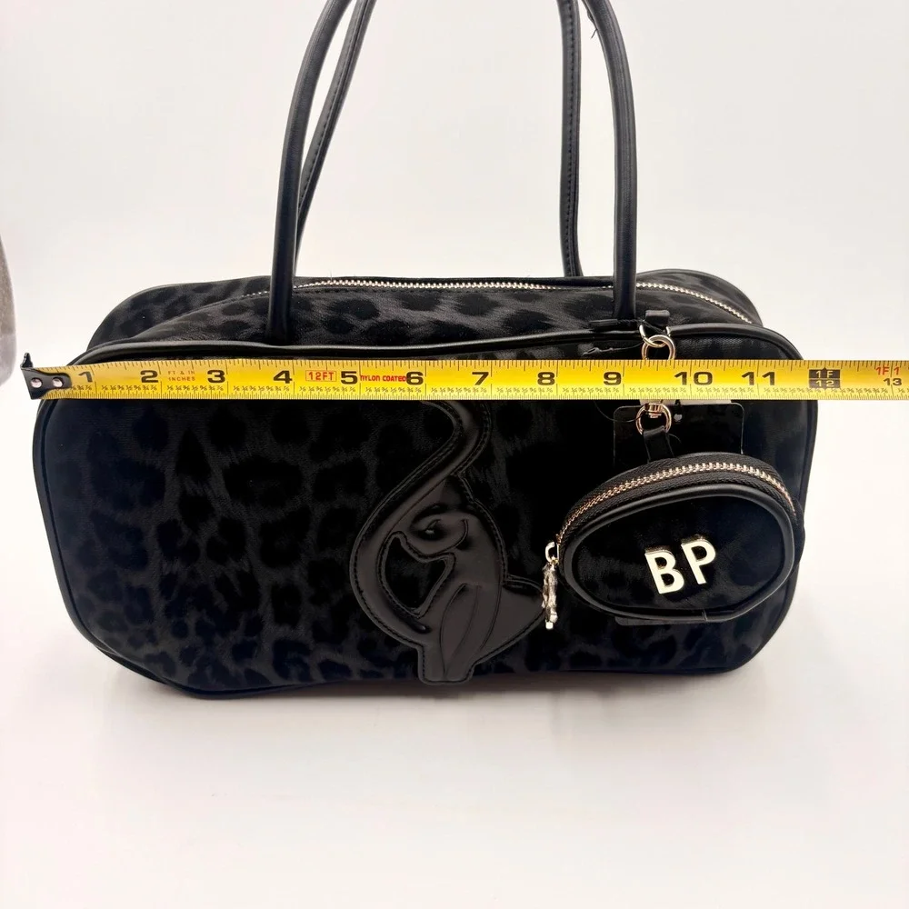 Baby Phat Black Leopard Print Velvet Handbag with Cat Applique Coin Purse Y2k